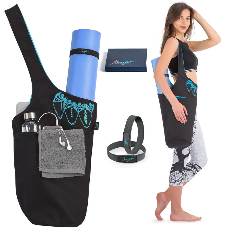 Zenifit Yoga Mat Bag â€“ Versatile Yoga Bag with Mat Straps & Storage Pockets, Holds Yoga & Pilates Mats, Lightweight & Durable, Black and Blue - Image 1